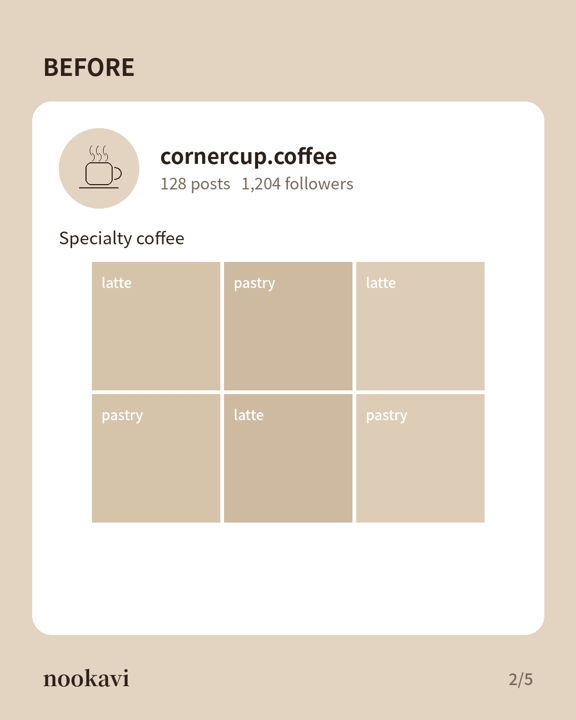 Before: a coffee shop Instagram profile with a vague bio and a grid of near-identical latte and pastry photos